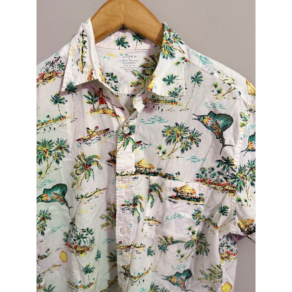 J Crew Mens Short Sleeve Hawaiian Shirt Tropical Sailfish Palm Tree Print Medium - Picture 3 of 4